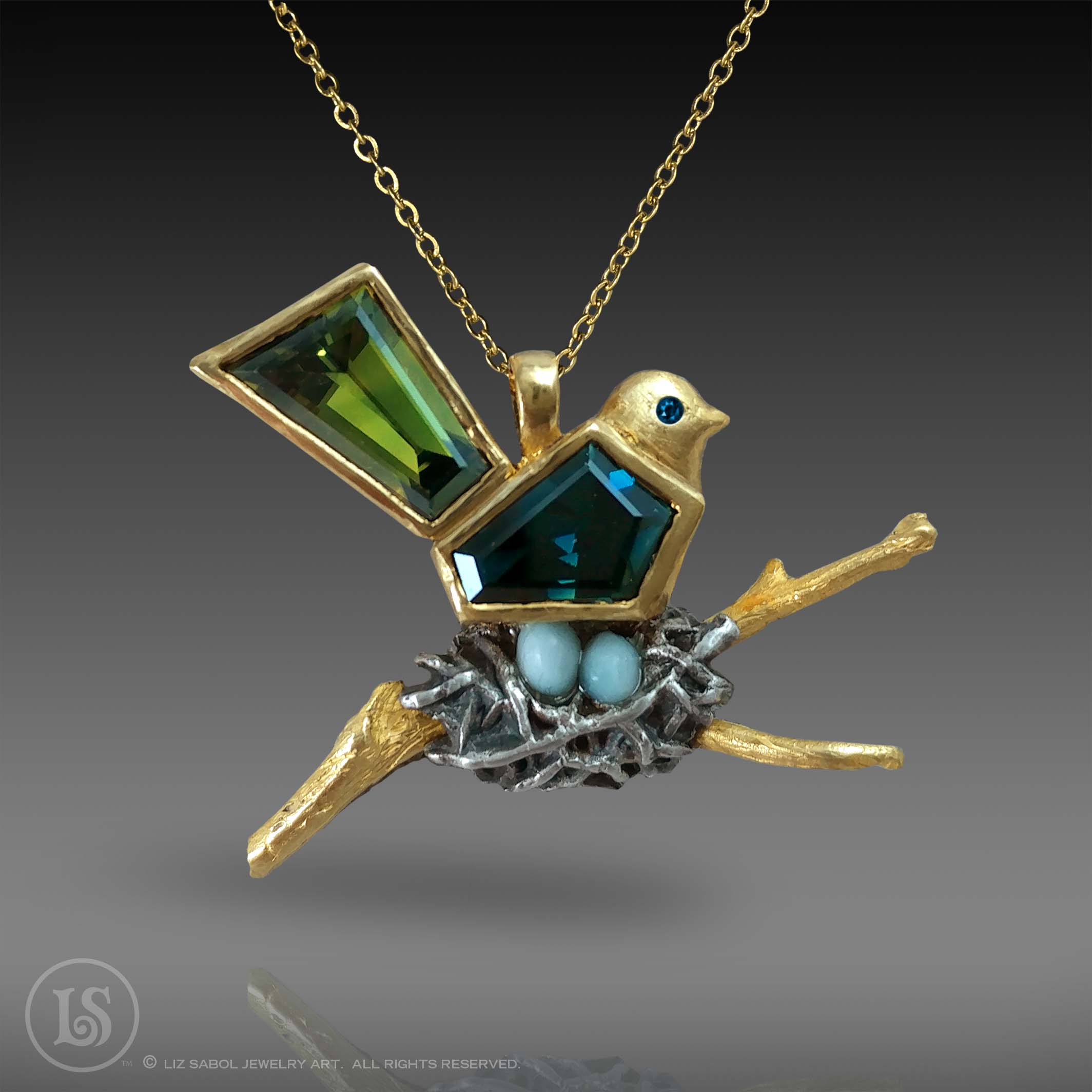 Australian Sapphires, 22K gold, sterling silver, larimar, Bird Pendant