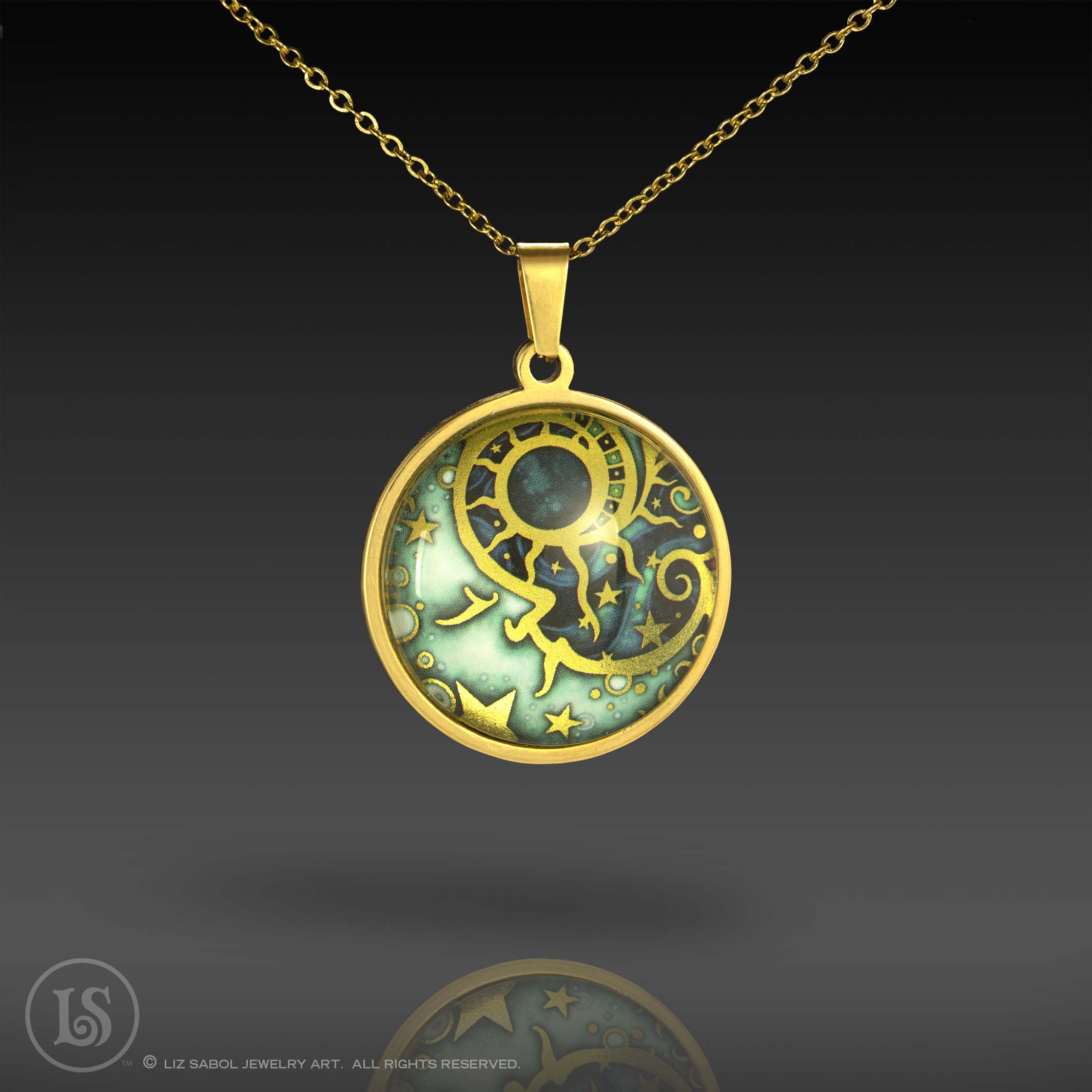 Man in the Moon Pendant, Glass, Gold-plated Stainless Steel