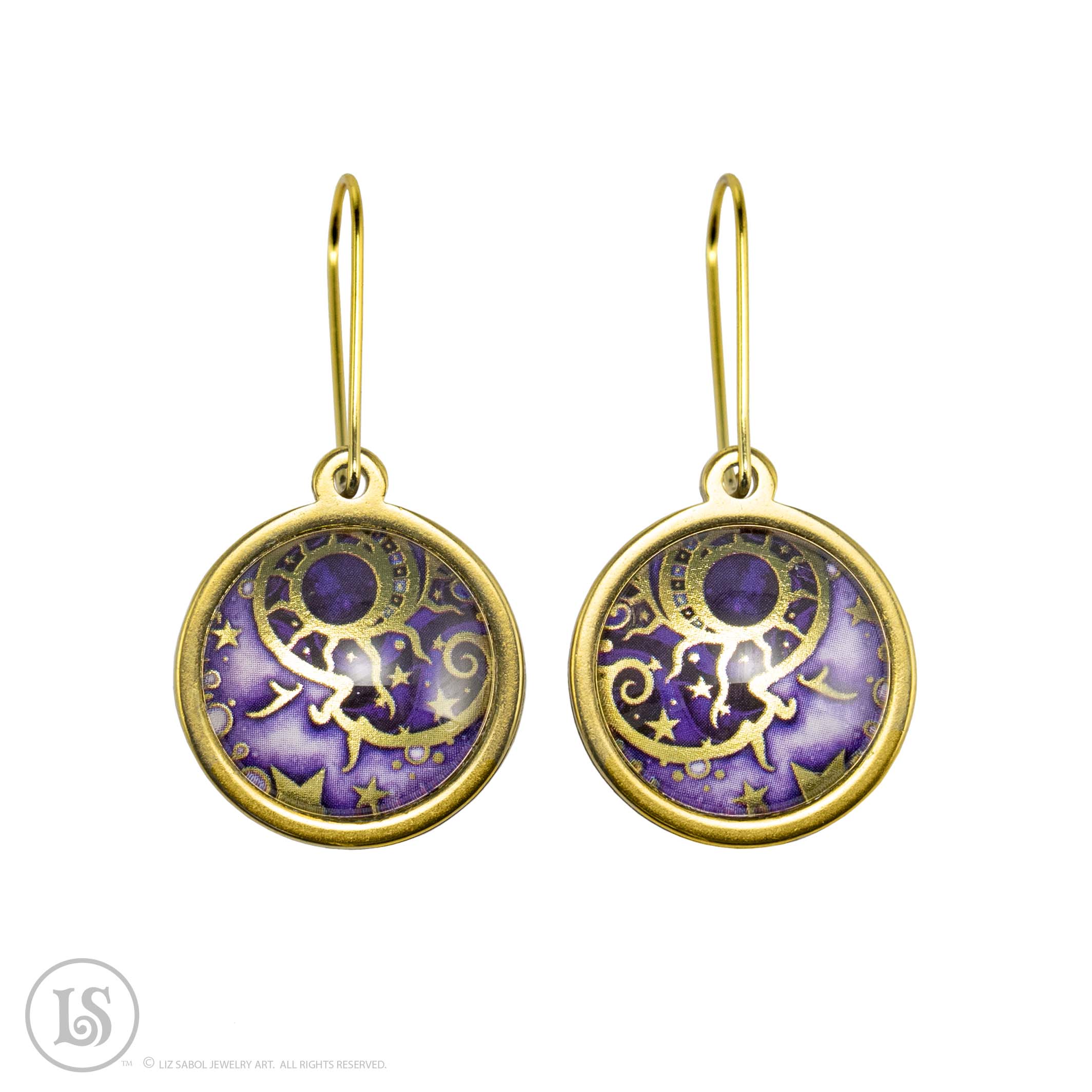 Man in the Moon Purple,  Earrings, Gold-tone, Glass, Gold-plated Stainless Steel