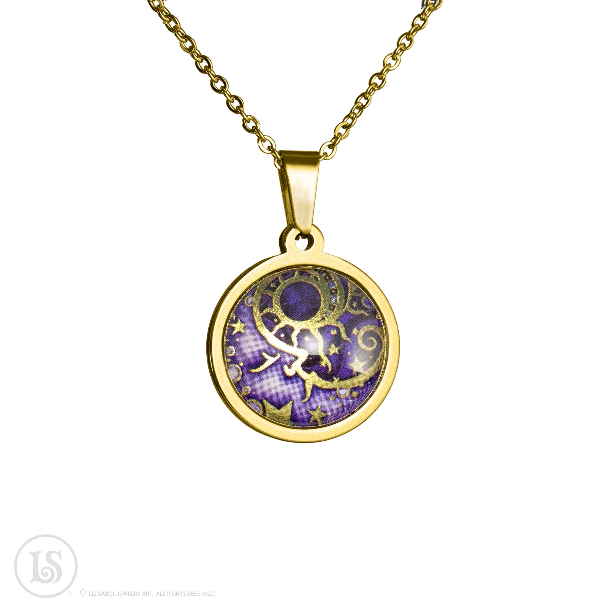Man in the Moon Purple, Small Pendant, Gold-tone, Glass, Gold-plated Stainless Steel