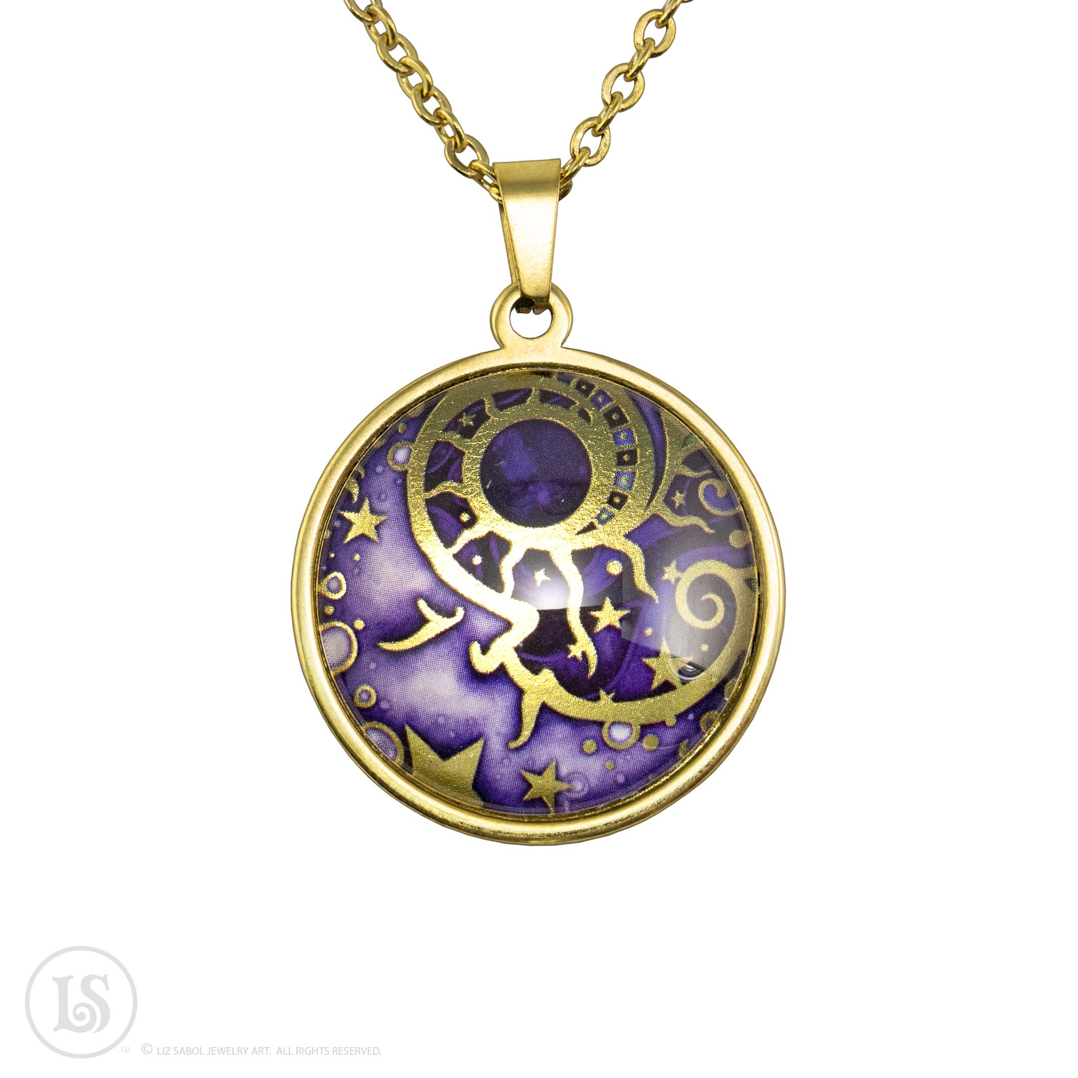 Man in the Moon Purple, Large Pendant, Gold-tone, Glass, Gold-plated Stainless Steel