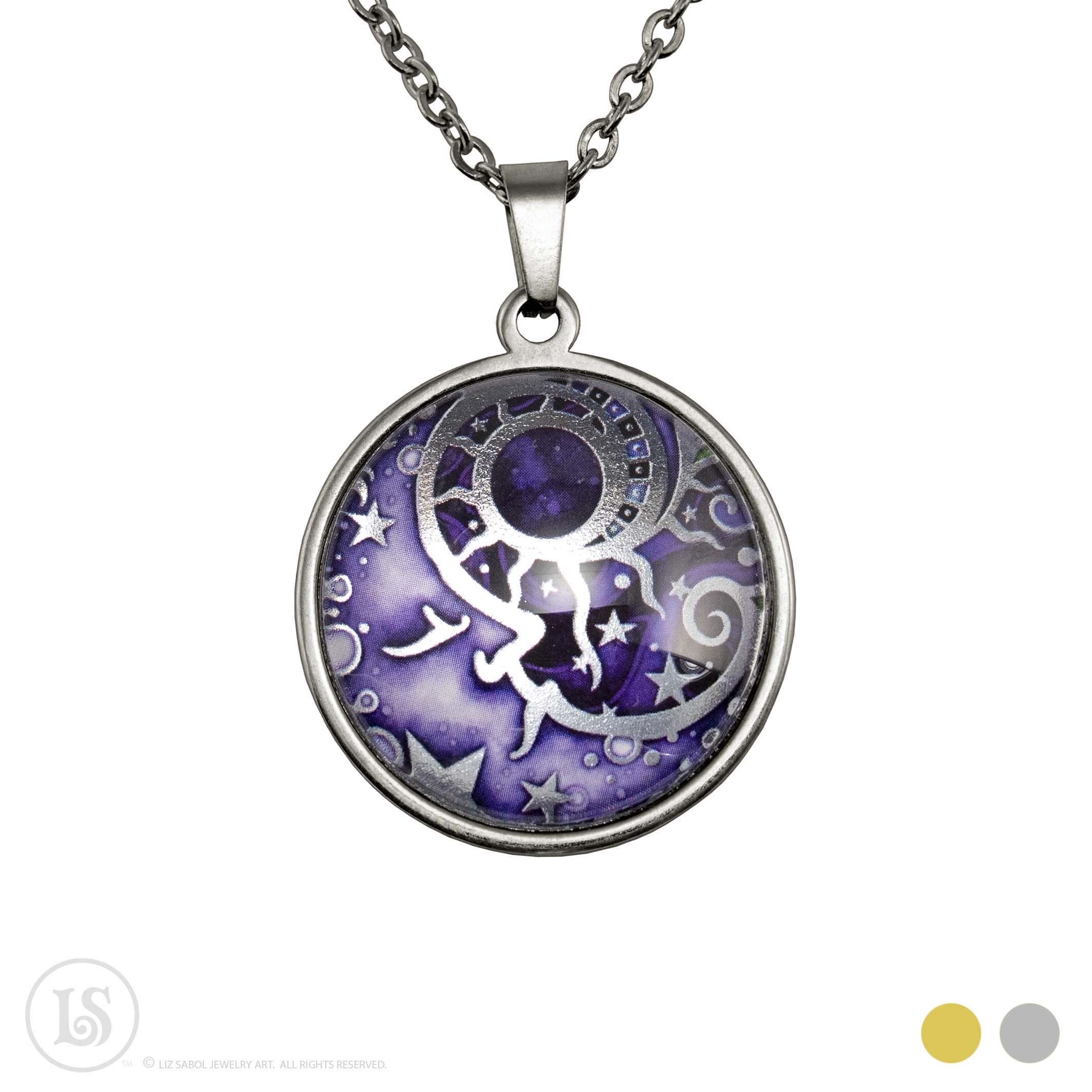 Man in the Moon Purple, Large Pendant, Silver-tone, Glass, Stainless Steel