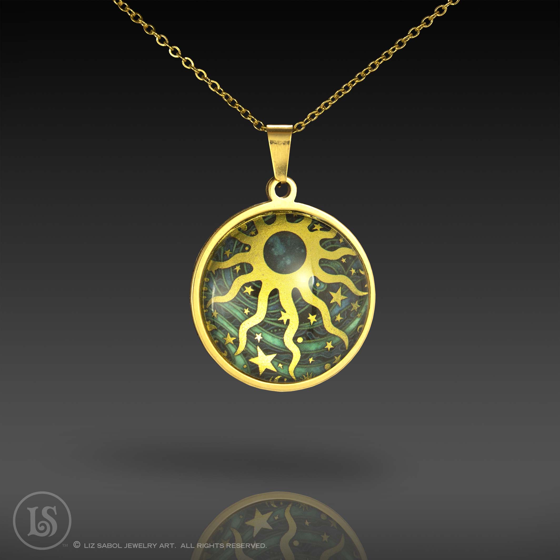 Celestial Sun Pendant, Glass, Gold-plated Stainless Steel