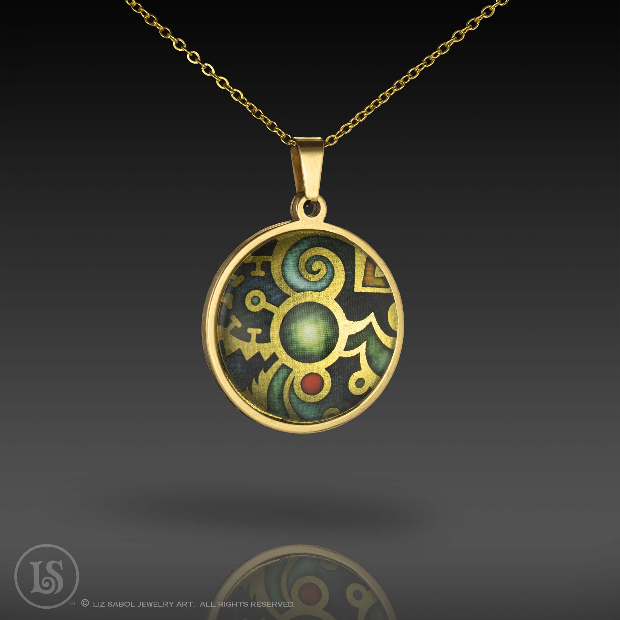 Paisley Green Pendant, Glass, Gold-plated Stainless Steel