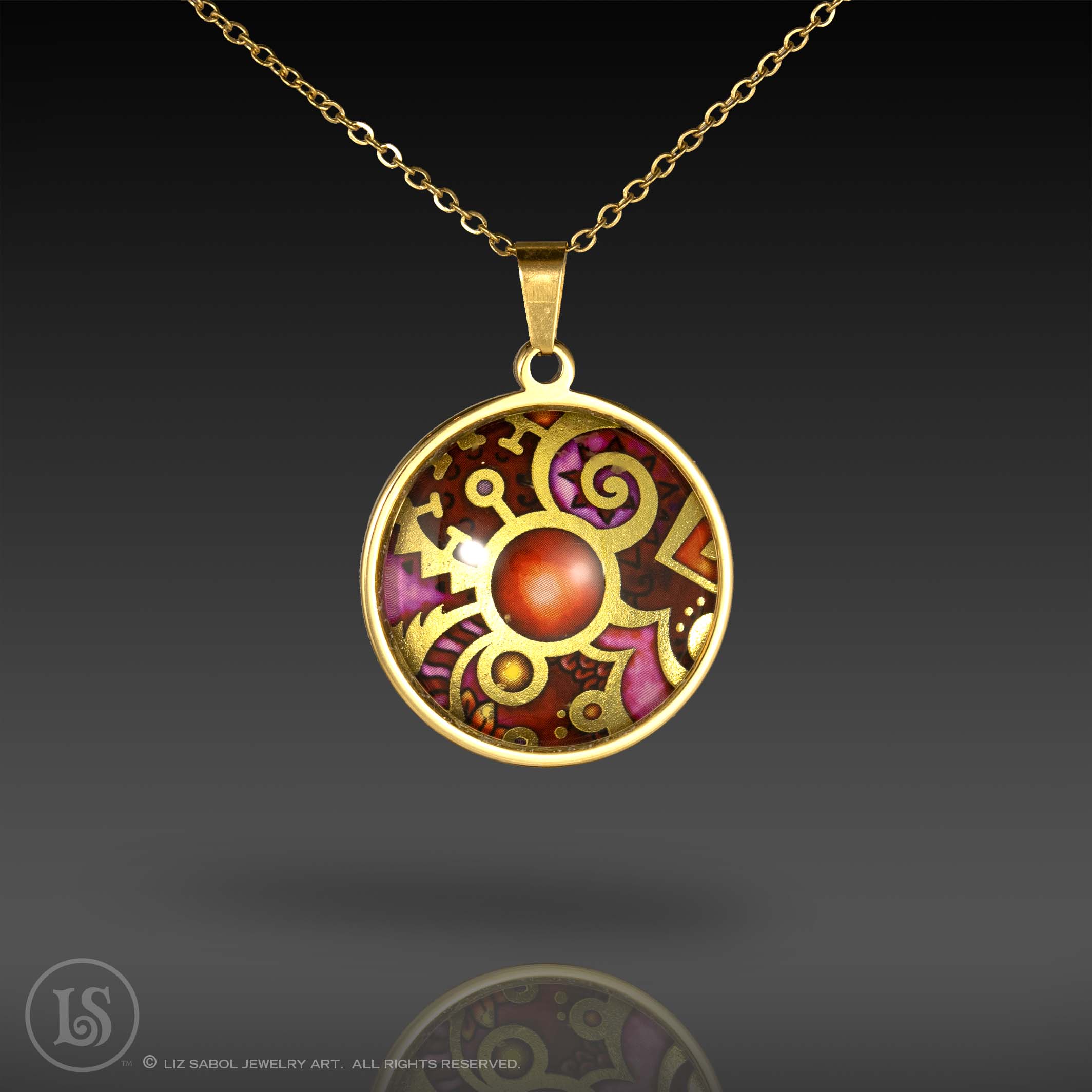 Paisley Magenta Pendant, Glass, Gold-plated Stainless Steel