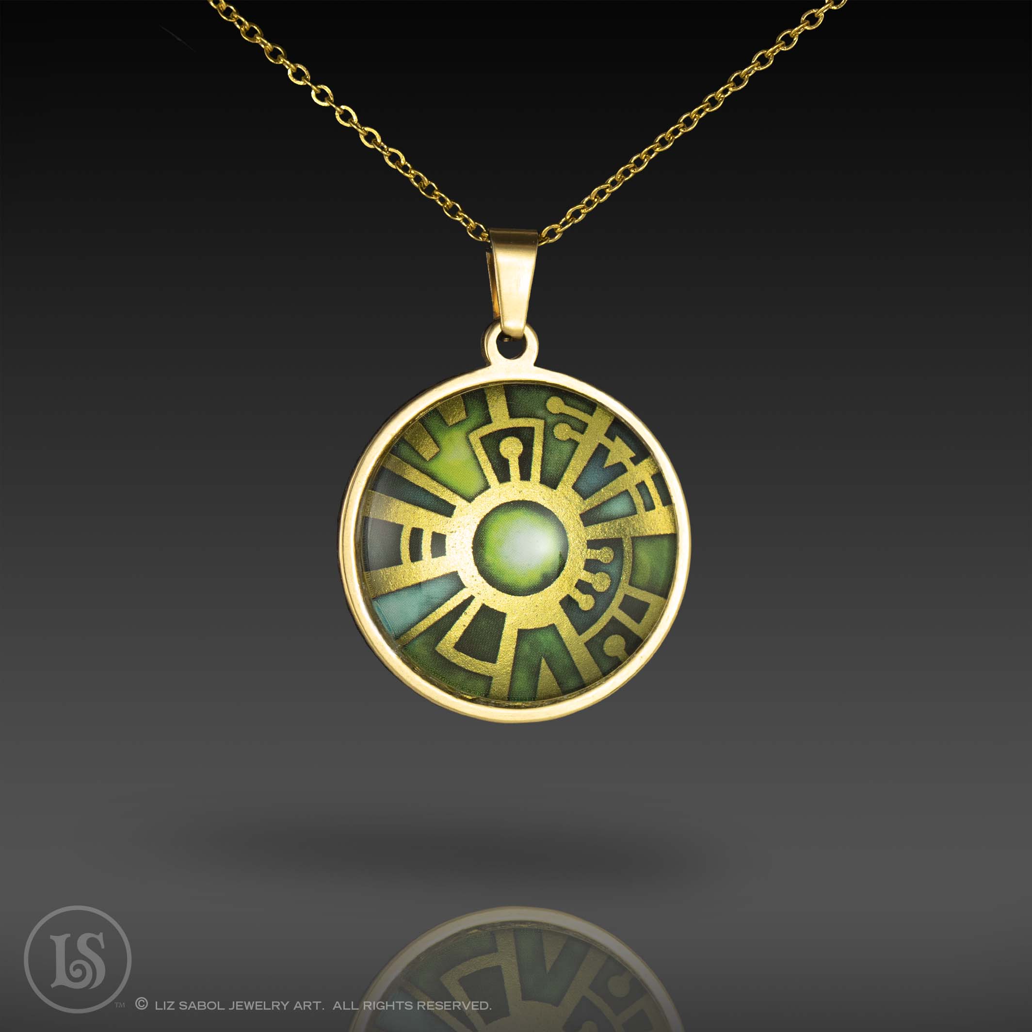 Radial Green Pendant, Glass, Gold-plated Stainless Steel