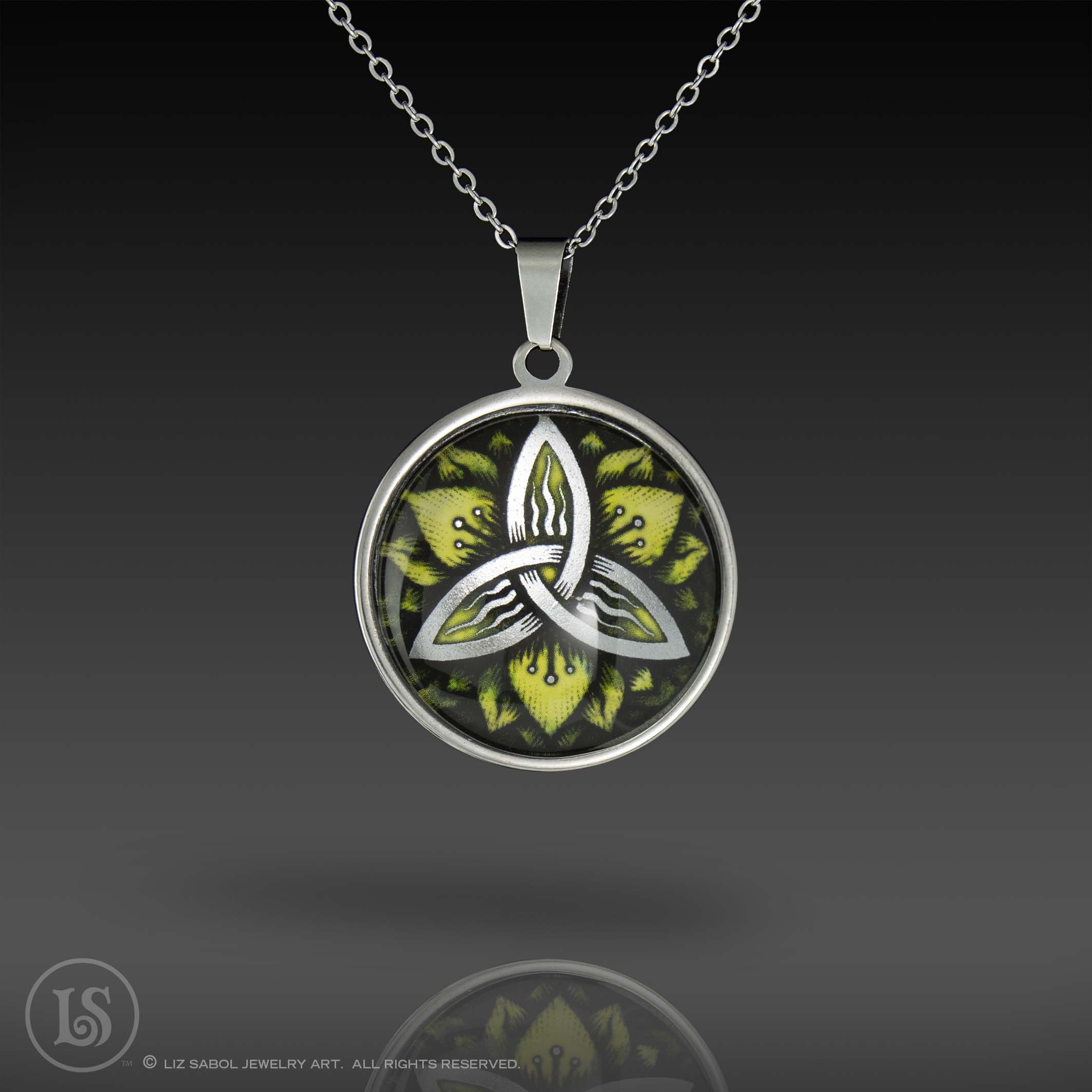 Triquetra,WC Green Pendant, Glass, Stainless Steel