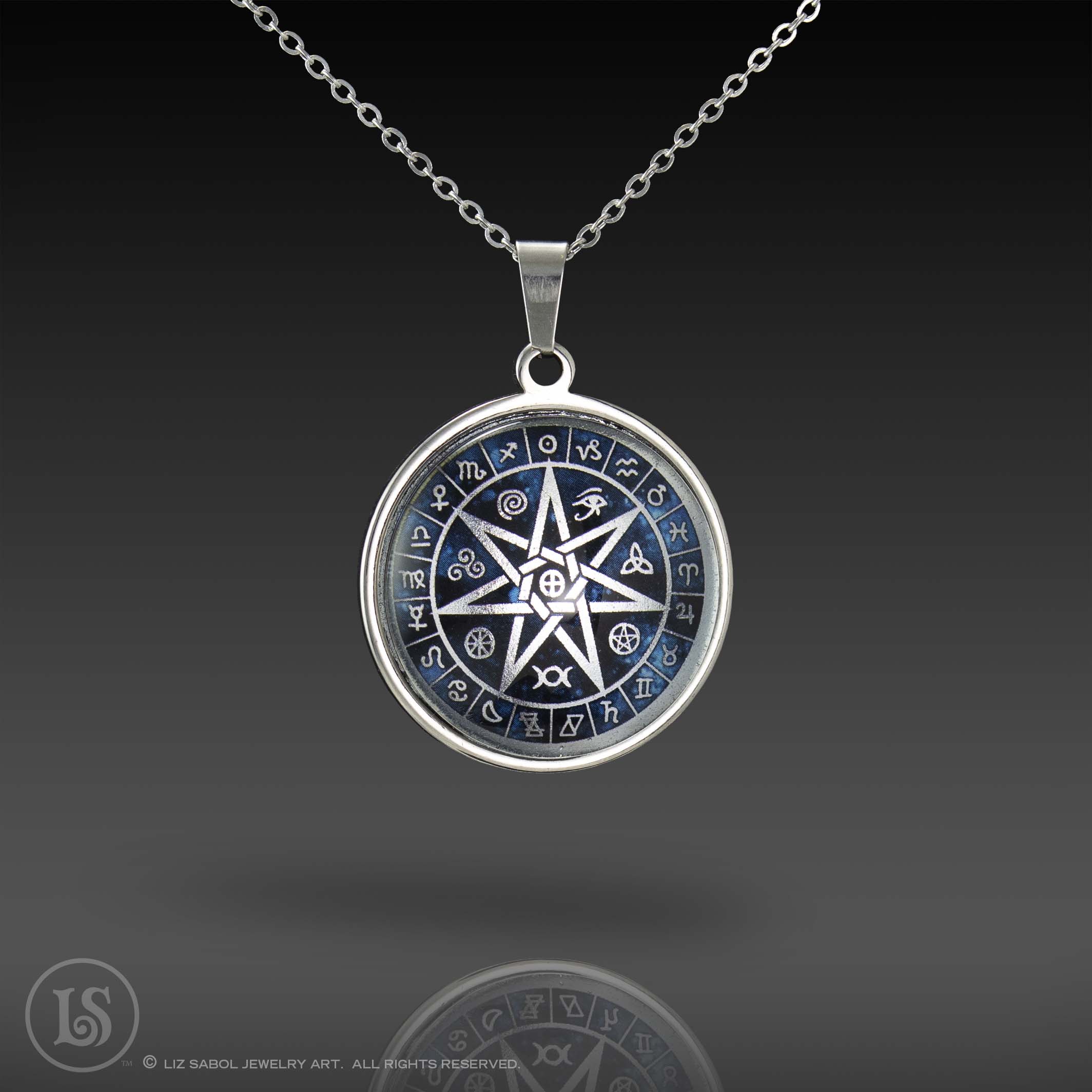 Septagram with Symbols Pendant, Glass, Stainless Steel